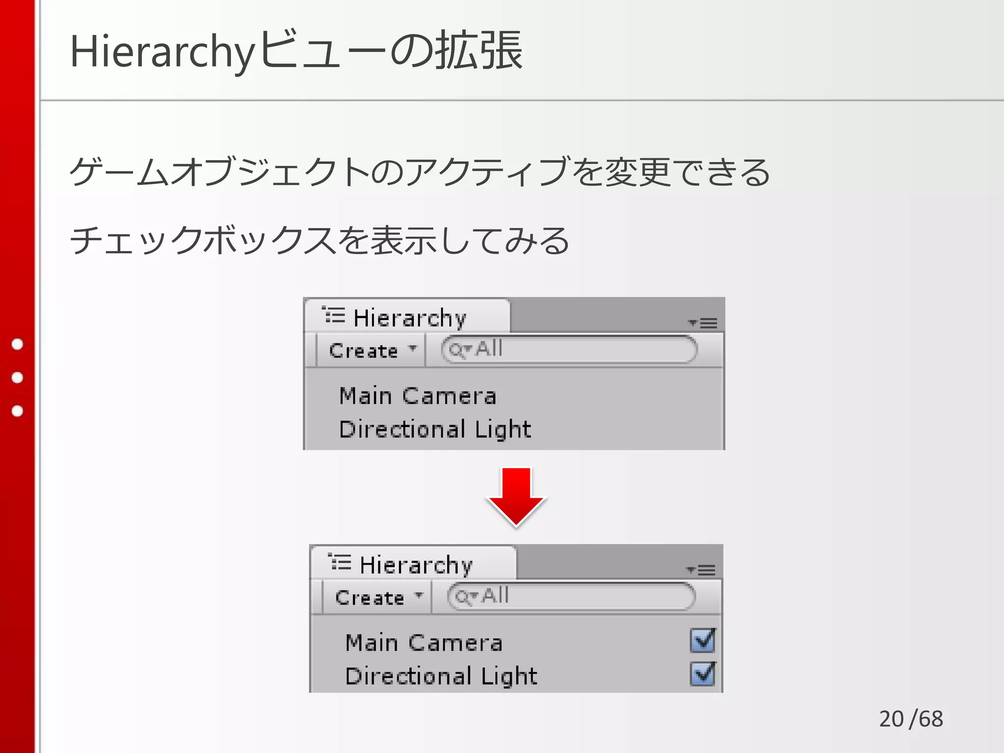 /68
ゲームオブジェクトのアクティブを変更できる
チェックボックスを表示してみる
Hierarchyビューの拡張
20
 
