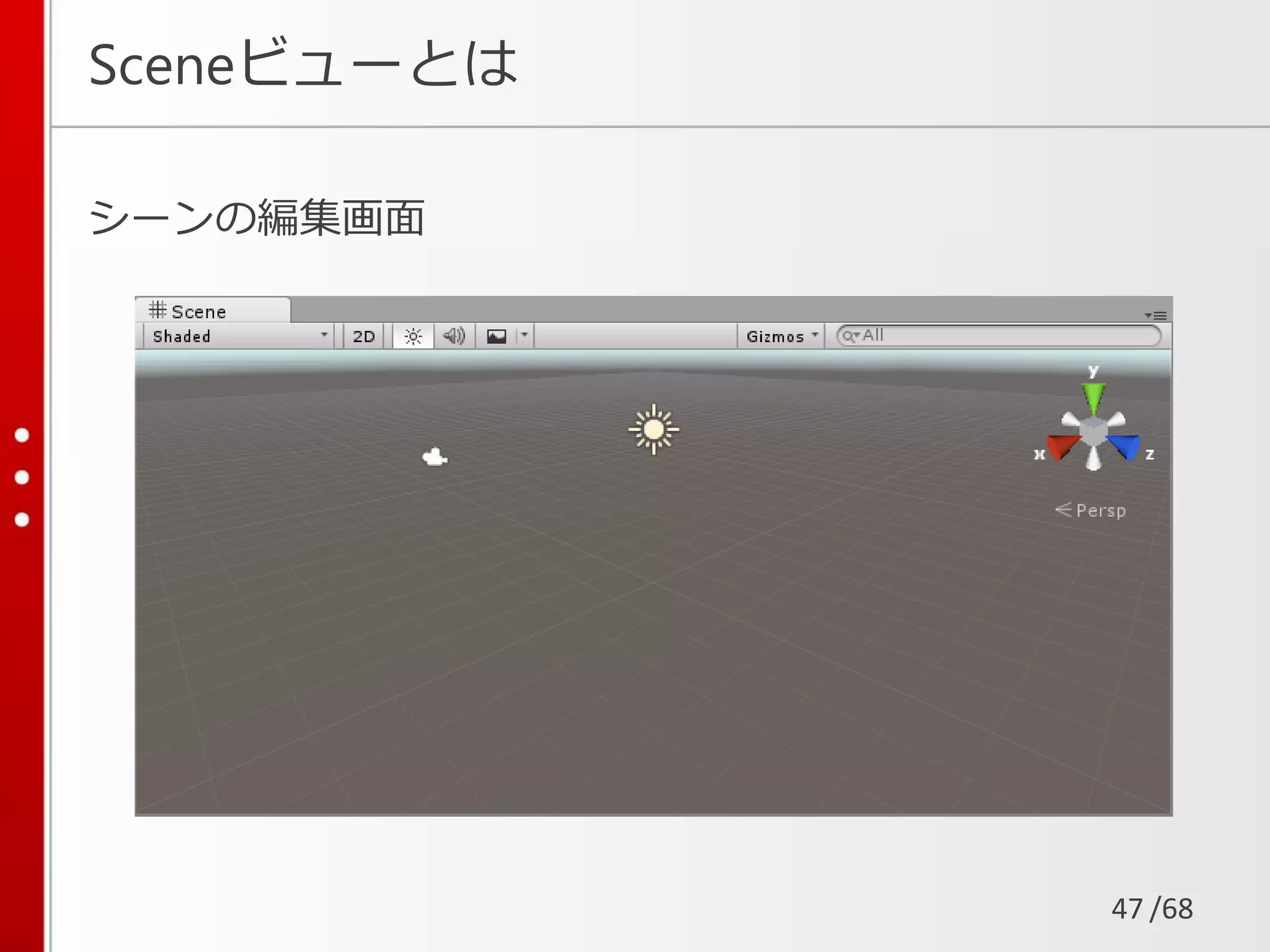 /68
シーンの編集画面
Sceneビューとは
47
 