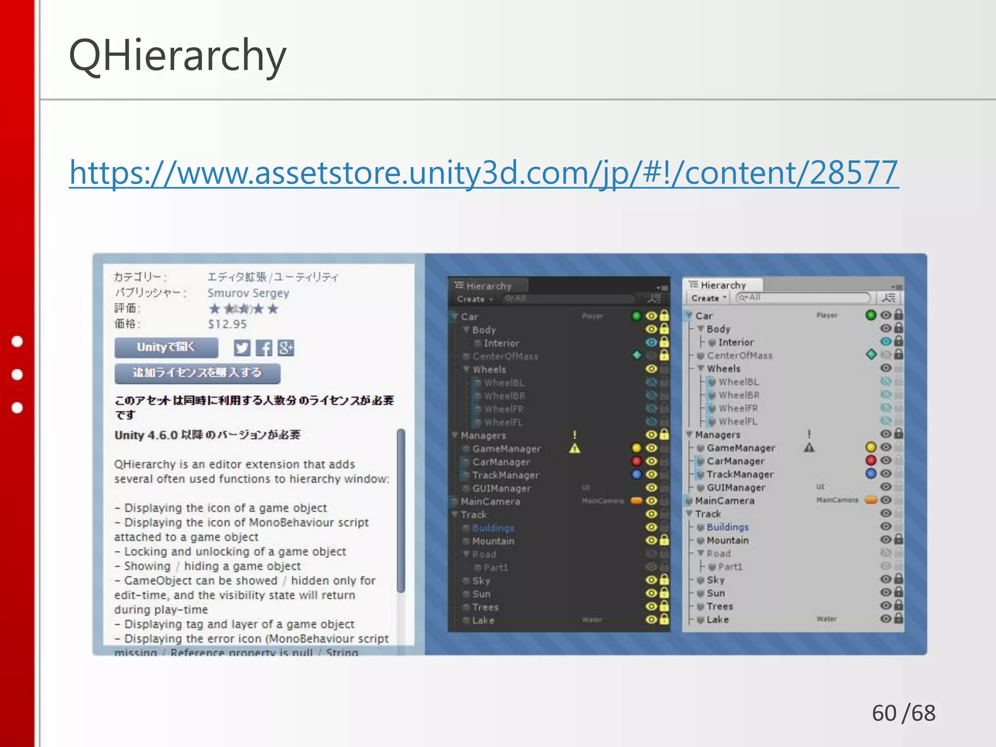 /68
QHierarchy
https://www.assetstore.unity3d.com/jp/#!/content/28577
60
 