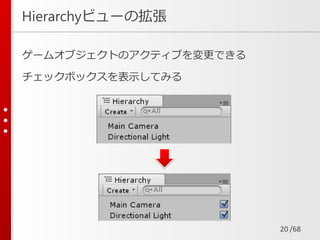 /68
ゲームオブジェクトのアクティブを変更できる
チェックボックスを表示してみる
Hierarchyビューの拡張
20
 