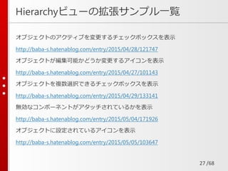 /68
Hierarchyビューの拡張サンプル一覧
オブジェクトのアクティブを変更するチェックボックスを表示
http://baba-s.hatenablog.com/entry/2015/04/28/121747
オブジェクトが編集可能かどうか変更するアイコンを表示
http://baba-s.hatenablog.com/entry/2015/04/27/101143
オブジェクトを複数選択できるチェックボックスを表示
http://baba-s.hatenablog.com/entry/2015/04/29/133141
無効なコンポーネントがアタッチされているかを表示
http://baba-s.hatenablog.com/entry/2015/05/04/171926
オブジェクトに設定されているアイコンを表示
http://baba-s.hatenablog.com/entry/2015/05/05/103647
27
 