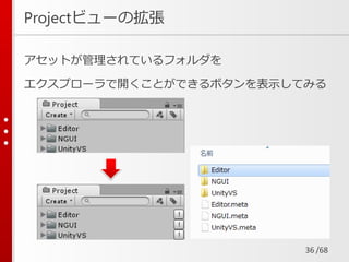/68
アセットが管理されているフォルダを
エクスプローラで開くことができるボタンを表示してみる
Projectビューの拡張
36
 