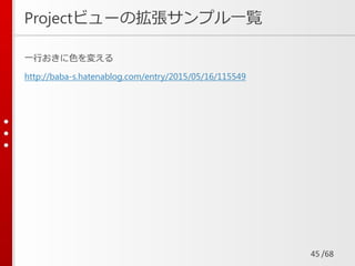 /68
Projectビューの拡張サンプル一覧
一行おきに色を変える
http://baba-s.hatenablog.com/entry/2015/05/16/115549
45
 