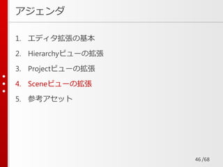 /68
アジェンダ
1. エディタ拡張の基本
2. Hierarchyビューの拡張
3. Projectビューの拡張
4. Sceneビューの拡張
5. 参考アセット
46
 
