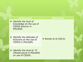 Instrument Reference
 Identify the level of
knowledge on the use of
CIDOS lecturer in
POLISAS.
 Esman et al (2013)
 Identify the attitudes of
lecturers on the use of
CIDOS in POLISAS.
 Identify the level of IT
infrastructure in POLISAS
on use of CIDOS.
 