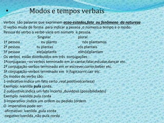 • Modos e tempos verbais
Verbos são palavras que exprimem acao-estados,fato ou fenômeno da natureza
O verbo muda de forma para indicar a pessoa ,o número,o tempo e o modo.
Pessoa do verbo o verbo varia em número e pessoa.
Singular plural
1ª pessoa eu planto nós plantamos
2ª pessoa tu plantas vós plantais
3ª pessoa ele(a)planta eles(a)plantam
Os verbos estão distribuídos em três conjugações :
1ªconjugacao –os verbos terminado em ar:cantar,falar,estudar,dançar etc.
2ª conjugação-verbos terminado em er:escrever,correr,beber etc.
3ª conjugação-verbos terminado em ir;fugir,sorrir,cair etc.
Os modos do verbo são:
1-indicativo:indica um fato certo ,real,positivo(certeza)
Exemplo: ivanilda pula corda.
2-subjuntivo;indica um fato incerto ,duvidoso.(possibilidades)
Exemplo :ivanilda pula corda
3-imperativo ;indica um ordem ou pedido (ordem
O imperativo pode ser:
-afirmativo: ivanilda ,pula corda
-negativo:ivanilda ,não pula corda
 