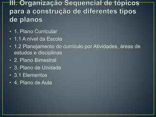 • 1. Plano Curricular
• 1.1 A nível da Escola
• 1.2 Planejamento do currículo por Atividades, áreas de
estudos e disciplinas
• 2. Plano Bimestral
• 3. Plano de Unidade
• 3.1 Elementos
• 4. Plano de Aula
 
