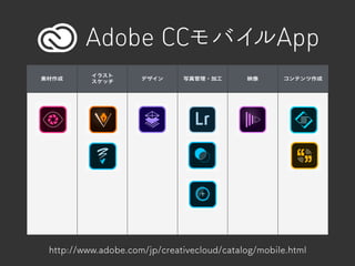 Adobe CCモバイルApp
素材作成
イラスト
スケッチ
デザイン 写真管理・加工 映像 コンテンツ作成
http://www.adobe.com/jp/creativecloud/catalog/mobile.html
 