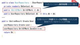 public class UserRepository : IUserRepository {
private readonly DbContext db;
public IUnitOfWork UnitOfWork => db;
public UserRepository(DbContext db) => this.db = db;
---
public IActionResult Create(User user) {
userRepository.Create(user);
userRepository.UnitOfWork.SaveEntities();
return Ok();
}
リポジトリから保存処理を切り離す
処理のなかで外部リソースが隠蔽されたため
単体テストを行うことが可能
 