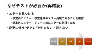 なぜテストが必要か(再確認)
• エラーを見つける
• 想定内のエラー：想定通りのエラー処理であることを確認
• 想定外のエラー：リリース前にエラーに気付くため
• 変更に伴う“デグレ”を生まない・残さない
 