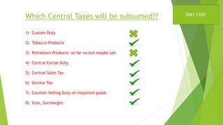 Which Central Taxes will be subsumed??
1) Custom Duty
2) Tobacco Products
3) Petroleum Products- so far no but maybe yes
4) Central Excise Duty
5) Central Sales Tax
6) Service Tax
7) Counter-Veiling Duty on Imported goods
8) Cess, Surcharges
ONLY CGST
 