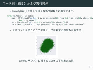 コード例（続き）および実⾏結果
• DensityDist() を使って様々な尤度関数を定義できます.
with pm.Model() as model:
mus = [MvNormal('mu_%d' % i, mu=np.zeros(2), tau=0.1 * np.eye(2), shape=(2,)
for i in range(2)]
pi = Dirichlet('pi', a=0.1 * np.ones(2), shape=(2,))
xs = DensityDist('x', logp_gmix(mus, pi, np.eye(2)), observed=data)
• ミニバッチを使うことで⼤量データに対する推定も可能です.
100,000 サンプルに対する GMM の平均推定結果.
14
 