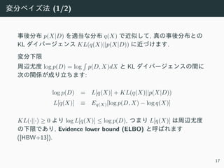 変分ベイズ法 (1/2)
事後分布 p(X|D) を適当な分布 q(X) で近似して, 真の事後分布との
KL ダイバージェンス KL(q(X)||p(X|D)) に近づけます.
変分下限
周辺尤度 log p(D) = log
∫
p(D, X)dX と KL ダイバージェンスの間に
次の関係が成り⽴ちます:
log p(D) = L[q(X)] + KL(q(X)||p(X|D))
L[q(X)] ≡ Eq(X)[log p(D, X) − log q(X)]
KL(·||·) ≥ 0 より log L[q(X)] ≤ log p(D), つまり L[q(X)] は周辺尤度
の下限であり, Evidence lower bound (ELBO) と呼ばれます
([HBW+13]).
17
 