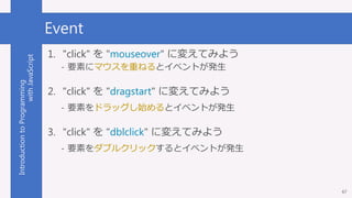 IntroductiontoProgramming
withJavaScript Event
1. "click" を "mouseover" に変えてみよう
- 要素にマウスを重ねるとイベントが発生
2. "click" を "dragsta...