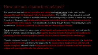 How are our characters related?
The two characters first met as counsellor and patient during Charlotte’s school years as she
struggled through her biological Father’s drug addiction. This would be shown through a series of
flashbacks throughout the film or would be revealed at the very beginning of the film in a short sequence.
A key line in this would be Charlotte stating during a counselling session that she just wants to be
loved and made to feel special. They developed a friendship through this and Frank gradually became
someone that Charlotte could look up too and see as a Father figure of sorts.
Frank on the other hand had always been suffering with split personality disorder and took specific
interest in Charlotte’s counselling case. He began to develop romantic feelings for her and became
blinded by his love, not being able to see the fact that she did not reciprocate his feelings.
The plot twist would be that his two personalities are almost like brothers in one body, the light side
seeks to help Charlotte with the murder case whilst the darker side is deeply in love with her and
wishes to impress. He does this by killing women that look like her in order to make her feel more
unique and special just like she had wished earlier on.
 
