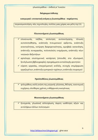 γλωσσομάθεια – έκθεση α’ λυκείου
6
http://alldayschool.blogspot.gr/ gina zaza
διάγραμμα έκθεσης
εισαγωγικά : επιτακτική ανάγκη η γλωσσομάθεια - παράγοντες
παγκοσμιοποίηση, νέες τεχνολογίες, πολίτες μιας χώρας και μέλη της Ε.Ε.
Πλεονεκτήματα γλωσσομάθειας
 επικοινωνία, ταξίδια, απόκτηση αυτοεκτίμησης, τόνωση
αυτοπεποίθησης, ανάπτυξη πνευματικού ορίζοντα, ανάπτυξη
ανεκτικότητας, εκτίμηση διαφορετικότητας, αμοιβαία κατανόηση,
ανάπτυξη συνεργασίας, πολυποίκιλη ενημέρωση, ανάπτυξη νέων
νοητικών δεξιοτήτων
 αρτιότερη επιστημονική κατάρτιση (σπουδές στο εξωτερικό,
ξενόγλωσση βιβλιογραφία), προγράμματα ανταλλαγής φοιτητών
 εύρεση εργασίας, επαγγελματική ανέλιξη, συνεχής επιμόρφωση
εργαζομένων, ανάπτυξη εμπορικών σχέσεων, ανάπτυξη τουρισμού
Προϋποθέσεις γλωσσομάθειας
 φιλομάθεια, καλή γνώση της μητρικής γλώσσας, θέληση, οικονομική
ευχέρεια, ελεύθερος χρόνος, ενθάρρυνση οικογένειας
Μειονεκτήματα γλωσσομάθειας
 ξενομανία, γλωσσική αλλοτρίωση, άκριτη υιοθέτηση αξιών και
αντιλήψεων άλλων πολιτισμών
 