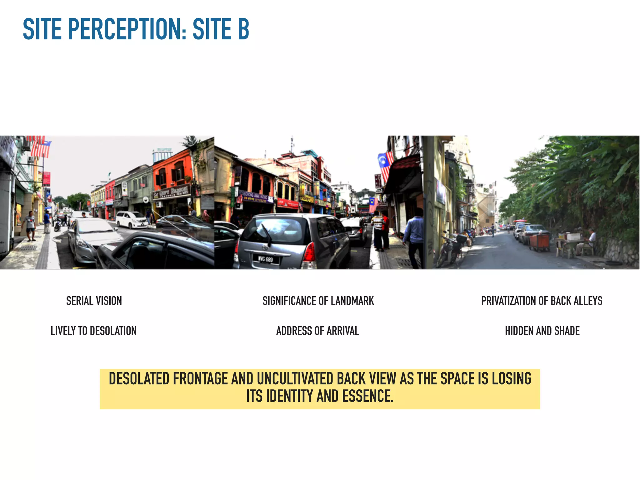 SITE PERCEPTION: SITE B
DESOLATED FRONTAGE AND UNCULTIVATED BACK VIEW AS THE SPACE IS LOSING
ITS IDENTITY AND ESSENCE.
SERIAL VISION
LIVELY TO DESOLATION
SIGNIFICANCE OF LANDMARK
ADDRESS OF ARRIVAL
PRIVATIZATION OF BACK ALLEYS
HIDDEN AND SHADE
 