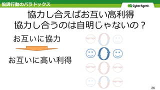 26
お互いに協力	
お互いに高い利得	
 