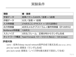 /13
実験条件
11
項目 値・設定
学習データ 音素バランス450文／話者 × 5話者
評価データ 53文／話者 × 1話者
入力特徴量 274次元コンテキスト ＋ 5次元話者ID
出力特徴量 40次元メルケプストラム＋動的特徴量（計120次元）
Bottleneck特徴量 128次元
入力ノイズ 3次元/フレーム．正規分布からランダム生成
ネットワーク構造 Feed-Forward, 131 – 512×3 (ReLU) – 120 (Linear)
評価対象
conv：従来のdeep neural network音声合成で最尤生成 [Zen et al., 2013.]
pro (w/ rand): 提案法（ランダム生成）
pro (w/o rand): 提案法（ノイズ項を最尤推定で固定して生成）
 