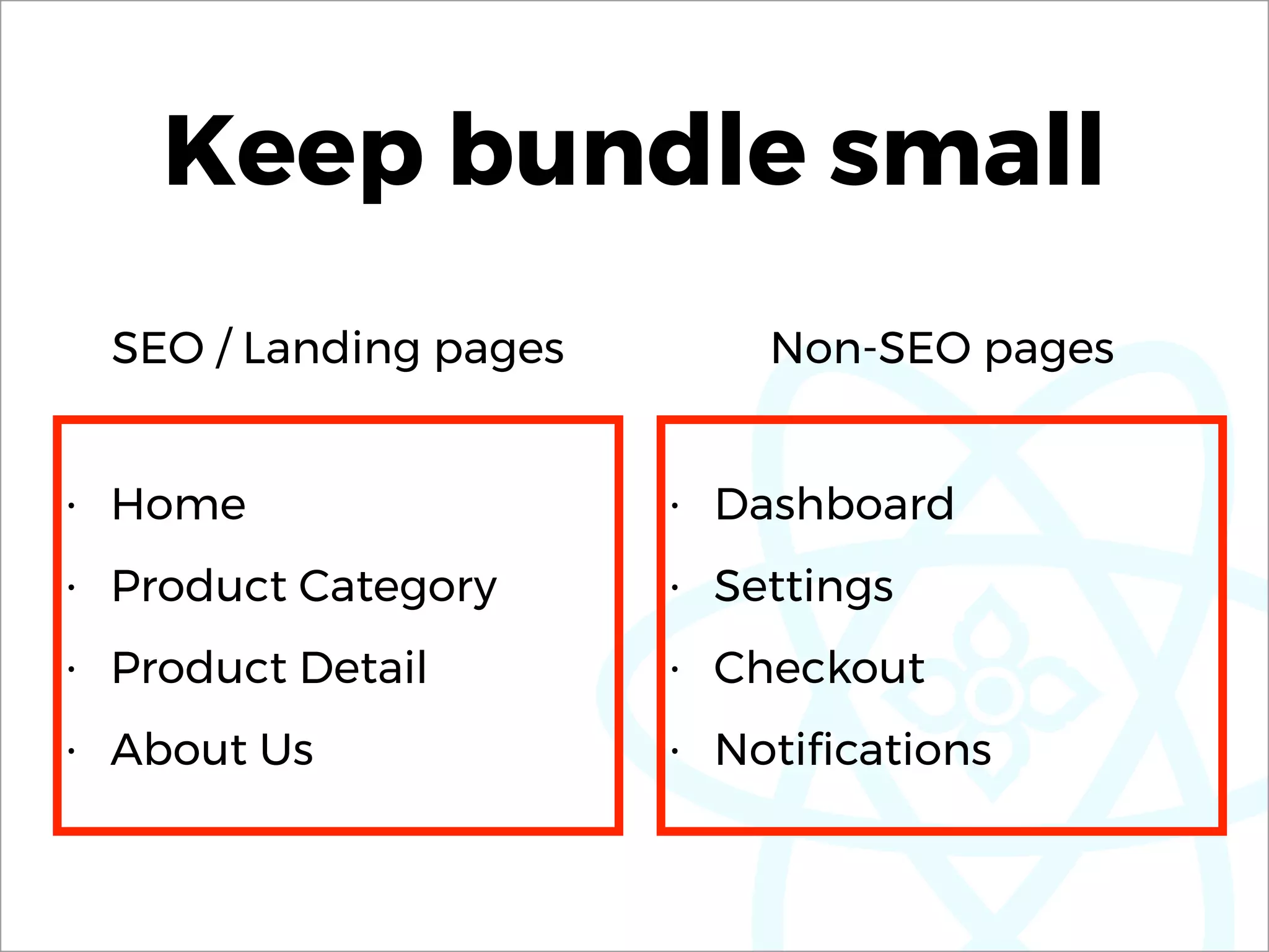 Keep bundle small
• Home
• Product Category
• Product Detail
• About Us
• Dashboard
• Settings
• Checkout
• Notiﬁcations
SEO / Landing pages Non-SEO pages
 
