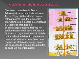 Desde os primórdios da Teoria
Administrativa os principais autores -
Taylor, Fayol, Weber dentre outros -
colocam como uns dos elementos
imprescindíveis à gestão de empresas
a Divisão do Trabalho e a
Especialização. Especialização no
sentido operacional, tanto em termos
fabris como organizacionais. A divisão
do trabalho é a definição das tarefas
que cada indivíduos deve fazer para
cumprir as atribuições de seu cargo.
Ela corresponde à soma dos atributos
de cada um na organização.
 