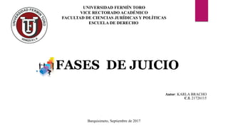 Autor: KARLA BRACHO
C.I. 21726115
UNIVERSIDAD FERMÍN TORO
VICE RECTORADO ACADÉMICO
FACULTAD DE CIENCIAS JURÍDICAS Y POLÍTICAS
ESCUELA DE DERECHO
Barquisimeto, Septiembre de 2017
FASES DE JUICIO
 
