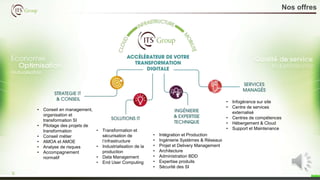 3
Nos offres
• Conseil en management,
organisation et
transformation SI
• Pilotage des projets de
transformation
• Conseil métier
• AMOA et AMOE
• Analyse de risques
• Accompagnement
normatif
• Transformation et
sécurisation de
l’infrastructure
• Industrialisation de la
production
• Data Management
• End User Computing
• Infogérance sur site
• Centre de services
externalisé
• Centres de compétences
• Hébergement & Cloud
• Support et Maintenance
• Intégration et Production
• Ingénierie Systèmes & Réseaux
• Projet et Delivery Management
• Architecture
• Administration BDD
• Expertise produits
• Sécurité des SI
9
 
