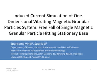 9-12 April 2018
Lombok, Indonesia
The 2nd AEMT 2018 1
Induced Current Simulation of One-
Dimensional Vibrating Magnetic Granular
Particles System: Free Fall of Single Magnetic
Granular Particle Hitting Stationary Base
Sparisoma Viridi1
, Suprijadi2
Departemen of Physics, Faculty of Mathematics and Natural Sciences
Research Center for Nanosciences and Nanotechnology
Institut Teknologi Bandung, Jalan Ganesha 10, Bandung 40132, Indonesia
1
dudung@fi.itb.ac.id, 2
supri@fi.itb.ac.id
 