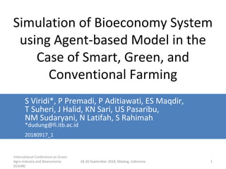 International Conference on Green
Agro-industry and Bioeconomy
(ICGAB)
18-20 September 2018, Malang, Indonesia 1
Simulation of Bioeconomy System
using Agent-based Model in the
Case of Smart, Green, and
Conventional Farming
S Viridi*, P Premadi, P Aditiawati, ES Maqdir,
T Suheri, J Halid, KN Sari, US Pasaribu,
NM Sudaryani, N Latifah, S Rahimah
*dudung@fi.itb.ac.id
20180917_1
 