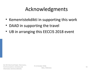 Acknowledgments
• Kemenristekdikti in supporting this work
• DAAD in supporting the travel
• UB in arranging this EECCIS 2...