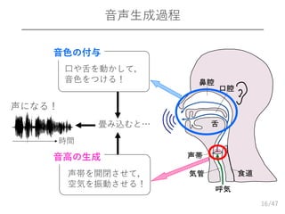 /47
音声生成過程
16
音色の付与
口や舌を動かして，
音色をつける！
音高の生成
声帯を開閉させて，
空気を振動させる！
声になる！
畳み込むと…
時間
 
