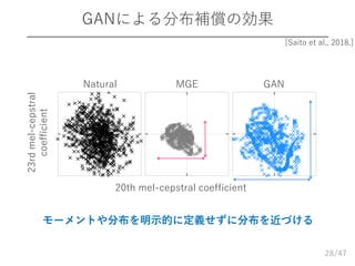 /47
GANによる分布補償の効果
28
20th mel-cepstral coefficient
23rdmel-cepstral
coefficient
Natural MGE GAN
モーメントや分布を明示的に定義せずに分布を近づける
[Saito et al., 2018.]
 