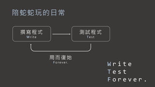 陪蛇蛇玩的日常
撰寫程式
W r i t e
測試程式
T e s t
周而復始
F o r e v e r.
W r i t e
T e s t
F o r e v e r .
 
