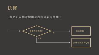 抉擇
• 我們可以用流程圖來表示該如何抉擇。
餐廳有沒有開？ 進去吃飯！
去便利商店買QQ
有
沒 有
 
