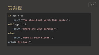 表與裡
if age < 6:
print('You should not watch this movie.')
elif age < 12:
print('Where are your parents?')
else:
print('Here is your ticket.')
print('Bye-bye.')
p.5
 