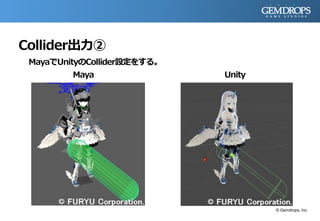 Collider出力②
MayaでUnityのCollider設定をする。
Maya Unity
© Gemdrops, Inc.
 