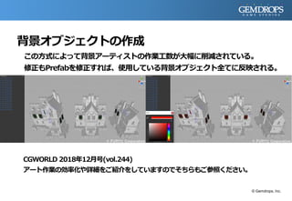 背景オブジェクトの作成
この方式によって背景アーティストの作業工数が大幅に削減されている。
修正もPrefabを修正すれば、使用している背景オブジェクト全てに反映される。
CGWORLD 2018年12月号(vol.244)
アート作業の効率化や詳細をご紹介をしていますのでそちらもご参照ください。
© Gemdrops, Inc.
 