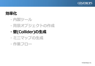 効率化
・内製ツール
・背景オブジェクトの作成
・壁(Collider)の生成
・ミニマップの生成
・作業フロー
© Gemdrops, Inc.
 