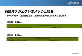 背景オブジェクトのメッシュ統合
シーンのサイズを増加させずにBatch数を大幅に減らすことに成功
統合前：2.47ms
統合後：1.67ms
© Gemdrops, Inc.
 