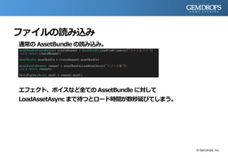 ファイルの読み込み
通常の AssetBundle の読み込み。
エフェクト、ボイスなど全ての AssetBundle に対して
LoadAssetAsync まで待つとロード時間が数秒延びてしまう。
© Gemdrops, Inc.
 