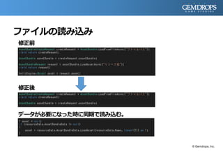 ファイルの読み込み
修正前
修正後
データが必要になった時に同期で読み込む。
© Gemdrops, Inc.
 