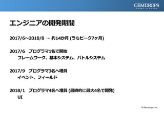 エンジニアの開発期間
2017/6～2018/8 … 約14か月 (うちピーク7ヶ月)
2017/6 プログラマ1名で開始
フレームワーク、基本システム、バトルシステム
2017/9 プログラマ3名へ増員
イベント、フィールド
2018/1 プログラマ4名へ増員 (最終的に最大4名で開発)
UI
© Gemdrops, Inc.
 
