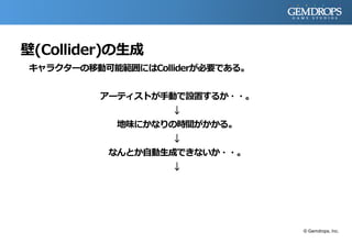 壁(Collider)の生成
キャラクターの移動可能範囲にはColliderが必要である。
アーティストが手動で設置するか・・。
↓
地味にかなりの時間がかかる。
↓
なんとか自動生成できないか・・。
↓
© Gemdrops, Inc.
 