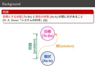 Background
問題
目標とする状態 (To-Be) と現在の状態 (As-Is) の間に差があること
(H. A. Simon『システムの科学』[4])
現状
(As-Is)
目標
(To-Be)
解(solution)
問題
(problem)
3 / 18
 