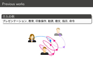 Previous works
介入の例
プレゼンテーション, 教育, 印象操作, 勧誘, 檄文, 指示, 命令
9 / 18
 