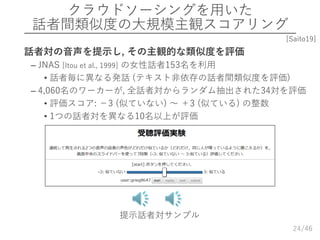 /4624
クラウドソーシングを用いた
話者間類似度の大規模主観スコアリング
 話者対の音声を提示し, その主観的な類似度を評価
– JNAS [Itou et al., 1999] の女性話者153名を利用
• 話者毎に異なる発話 (テキスト非依存の話者間類似度を評価)
– 4,060名のワーカーが, 全話者対からランダム抽出された34対を評価
• 評価スコア: －3 (似ていない) ～ ＋3 (似ている) の整数
• 1つの話者対を異なる10名以上が評価
提示話者対サンプル
[Saito19]
 