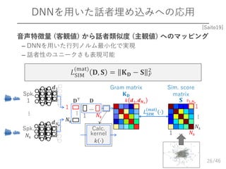 /46
DNNを用いた話者埋め込みへの応用
26
Spk.
1
𝒅1
Spk.
𝑁s
𝒅 𝑁𝐬
⋯
𝐃⊤ 𝐃
⋯
Gram matrix
𝐊 𝐃
Calc.
kernel
𝑘 ⋅
𝐿SIM
mat
⋅
𝑁s
𝑁s
1
1
⋯
⋯
𝑁s1
⋯1
𝑁s
𝑘 𝒅1, 𝒅 𝑵s
𝑠1,𝑁s𝐒
Sim. score
matrix
𝐿SIM
(mat)
𝐃, 𝐒 = 𝐊 𝐃 − 𝐒 𝐹
2
 音声特徴量 (客観値) から話者類似度 (主観値) へのマッピング
– DNNを用いた行列ノルム最小化で実現
– 話者性のユニークさも表現可能
[Saito19]
 