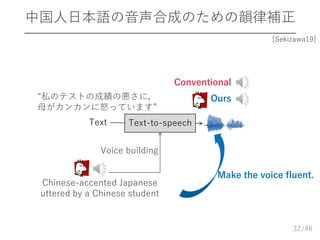 /46
中国人日本語の音声合成のための韻律補正
32
Conventional
Ours
Chinese-accented Japanese
uttered by a Chinese student
“私のテストの成績の悪さに，
母がカンカンに怒っています”
Text Text-to-speech
Voice building
Make the voice fluent.
[Sekizawa19]
 