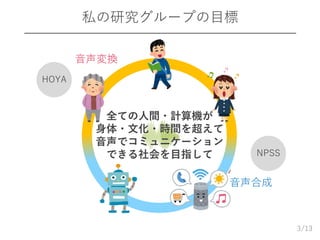 /13
私の研究グループの目標
3
音声変換
音声合成
全ての人間・計算機が
身体・文化・時間を超えて
音声でコミュニケーション
できる社会を目指して
HOYA
NPSS
 