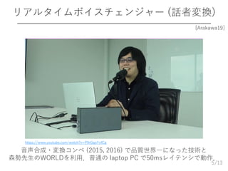 /13
リアルタイムボイスチェンジャー (話者変換)
5
https://www.youtube.com/watch?v=P9rGqoYnfCg
[Arakawa19]
音声合成・変換コンペ (2015, 2016) で品質世界一になった技術と
森勢先生のWORLDを利用．普通の laptop PC で50msレイテンシで動作．
 